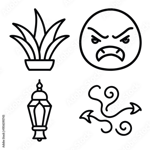 Minimalist black and white line art icon collection featuring artificial intelligence (AI), technology symbols, abstract geometric shapes, Islamic Ramadan motifs, nature elements, and expressive digit