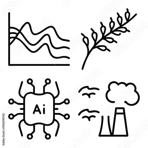Minimalist black and white line art icon collection featuring artificial intelligence (AI), technology symbols, grid systems, nature and climate elements, Islamic Ramadan motifs, and creative digital 
