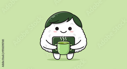 Cute Onigiri Character Holding Hot Tea