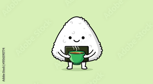 Cute Onigiri Character Holding Coffee Cup