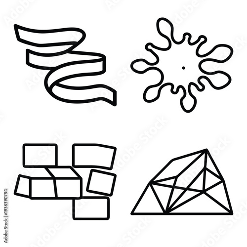 Minimalist black and white line art icon collection featuring artificial intelligence (AI), technology symbols, abstract geometric shapes, nature and climate elements, Islamic Ramadan motifs, and crea