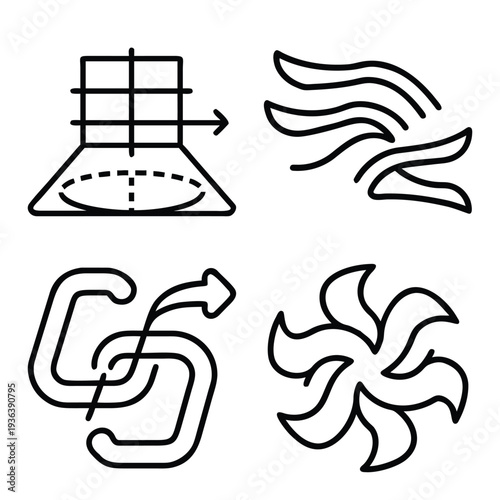 Minimalist black and white line art icon collection featuring artificial intelligence (AI), technology symbols, grid systems, nature and climate elements, Islamic Ramadan motifs, and creative digital 