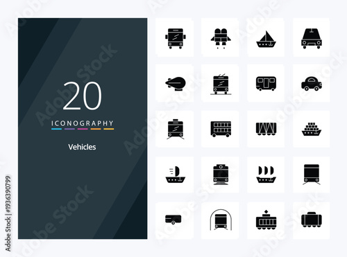 20 Vehicles Solid Glyph icon for presentation. Vector icons illustration