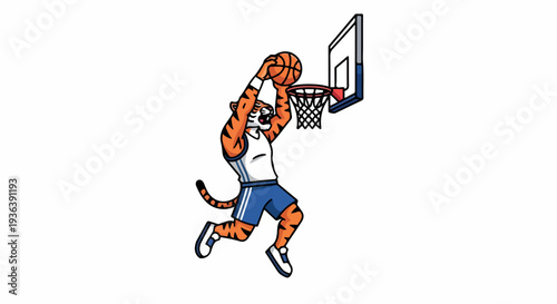 Dynamic cartoon tiger mascot in basketball uniform performing a powerful slam dunk.