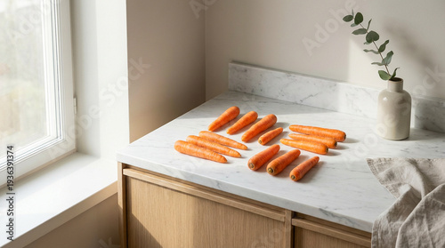 Fresh organic carrots arranged on minimalist kitchen marble countertop with soft natural window light healthy cooking ingredient concept