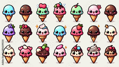 "Large Collection of Kawaii Ice Cream Characters with Cute Faces and Diverse Toppings for Stickers, Patterns, and Children's Graphic Design