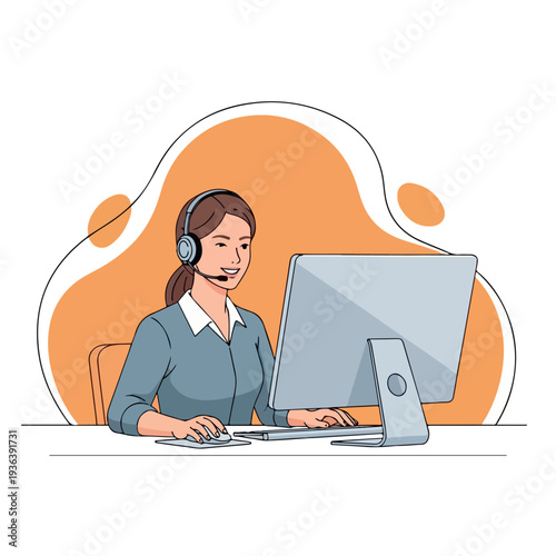 Female customer service representative working at her computer with a headset.