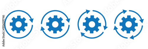 Automated process optimization and system update icon vector. Gear cog with check mark and circular sync arrows symbol set. Vector illustration