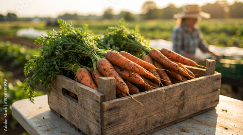 Fresh organic carrots in rustic wooden crate at sunny farm field harvest scene promoting natural agriculture healthy food and local produce