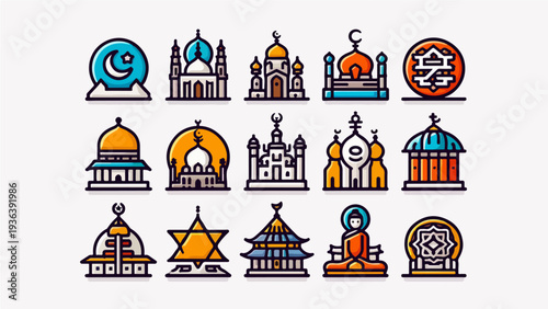 Set of Colorful Flat Icons Featuring Religious Buildings and Symbols including Mosque, Temple, Synagogue, and Church for Diversity and Cultural Awareness Design