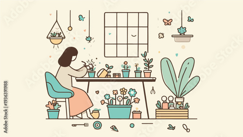 Aesthetic Illustration of a Woman Caring for Houseplants in a Sunlit Studio for Indoor Gardening, Mental Wellness, and Slow Living Concept
