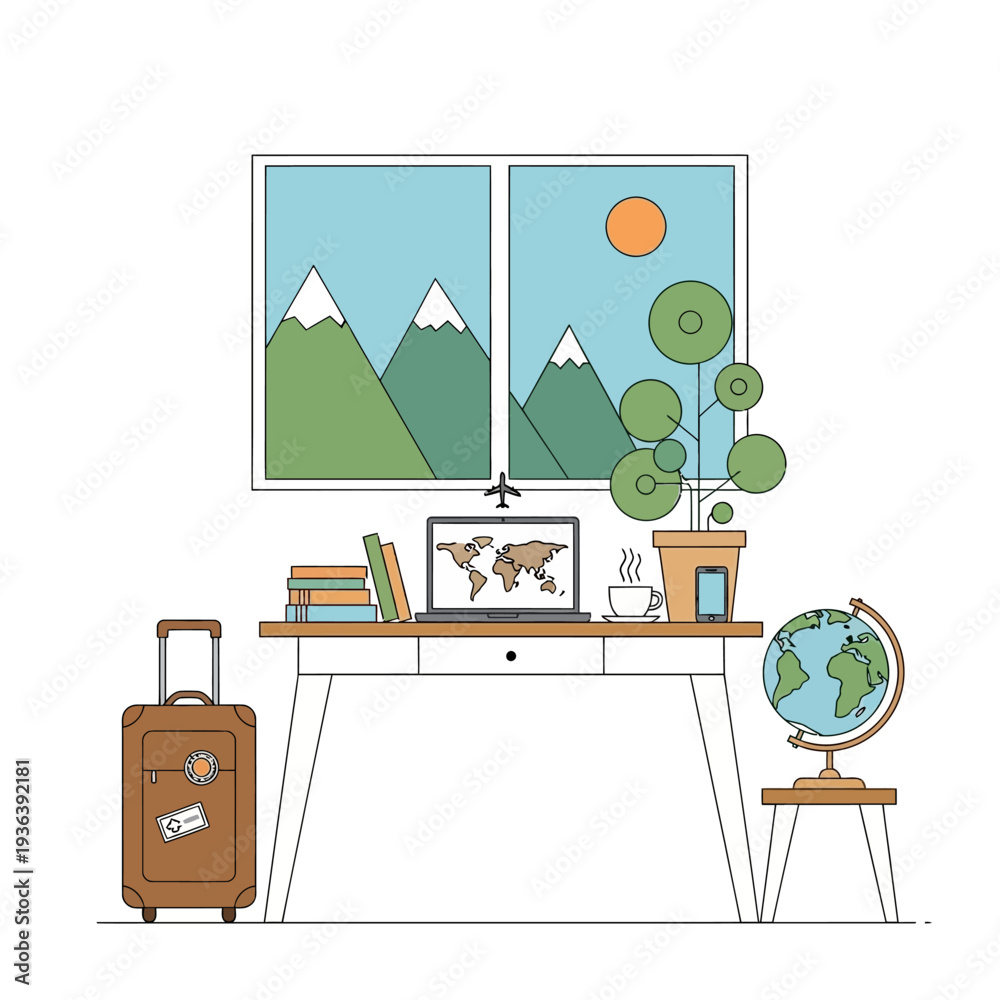 Fototapeta premium Traveler's desk with laptop showing world map, suitcase, globe, and mountain view
