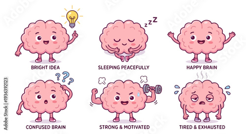 Cute Pink Brain Character Set with Different Emotions and Expressions — Bright Idea, Sleeping, Happy, Confused, Strong, Tired Kawaii Cartoon Vector Illustration