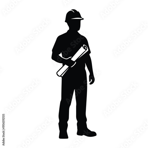 Engineer wearing helmet holding blueprints standing Icon Silhouette vector black design on a white background