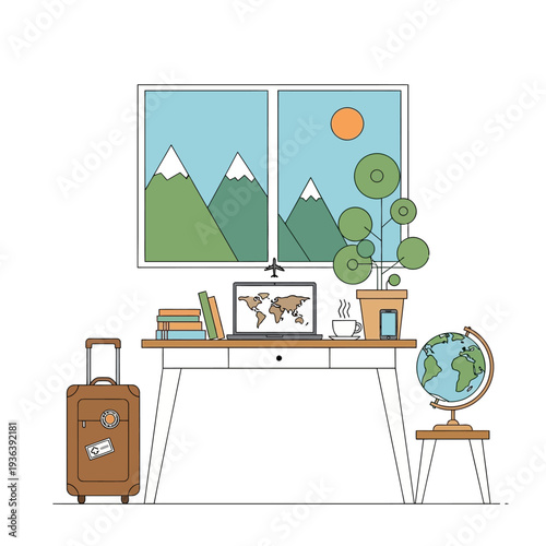 Traveler's desk with laptop showing world map, suitcase, globe, and mountain view
