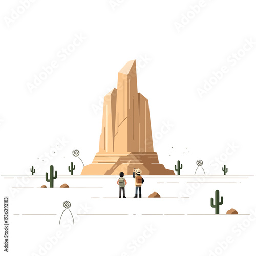 Two hikers admire a towering desert rock formation, cacti and arid landscape