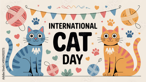 International cat day celebration with two colorful cats and festive decorations