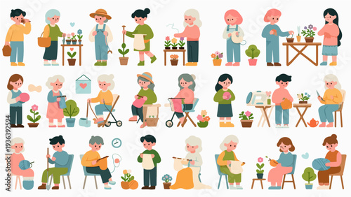 Large Set of People Knitting and Gardening: Cute Flat Characters Engaged in Handmade Crafts and Outdoor Hobby for Wellness Concept
