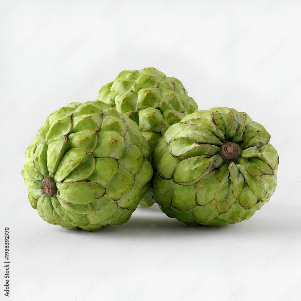 Fototapeta premium Three fresh cherimoya (custard apple) fruits on white background
