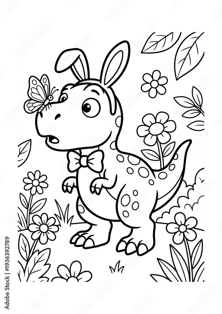 Obraz premium Cute Dinosaur Coloring Page for Kids with Bunny Ears. Easter activity sheet with a cartoon T-Rex and butterfly in a flower garden. Printable black and white line art.