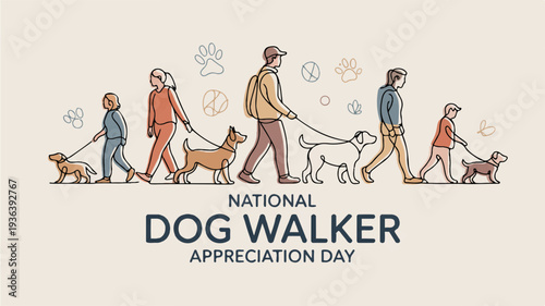 People walking dogs on national dog walker appreciation day with various breeds and leashes