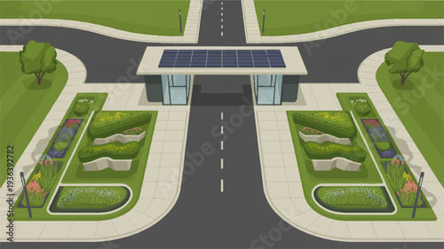 Solar powered toll booth entrance with landscaped medians and green lawns
