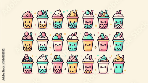 Large Set of Kawaii Bubble Tea Characters with Cute Expressions for Menu Design and Sweet Drink Branding