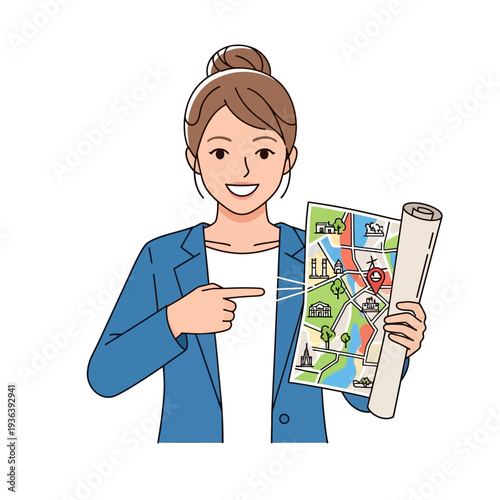 Woman pointing at city map, planning travel route, business trip, navigation concept