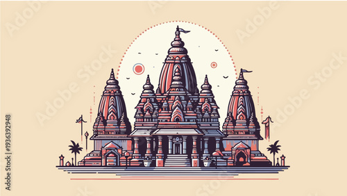 Grand Hindu Temple Illustration with Intricate Spires and Traditional Architecture in Flat Design Style