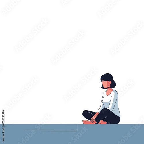 Woman sitting cross-legged on floor, looking thoughtful, minimalist illustration