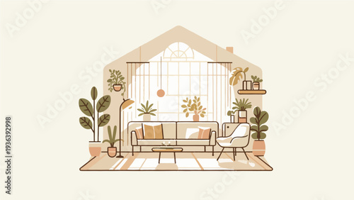 Cozy Living Room Interior Illustration with Sofa and Houseplants in Warm Minimalist House Shape Concept