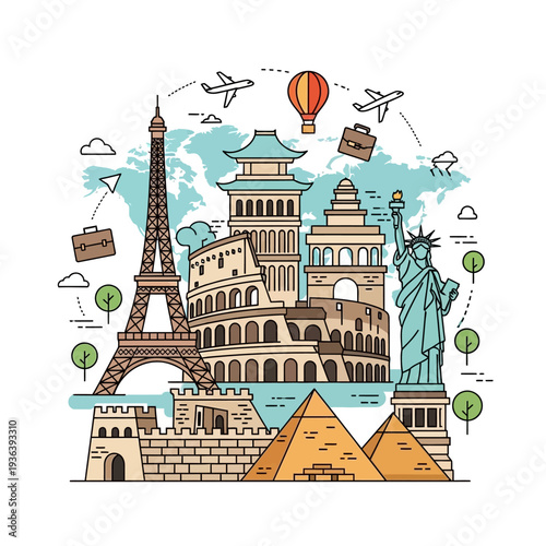 World Landmarks Travel Collage: Eiffel Tower, Colosseum, Pyramids, Statue of Liberty