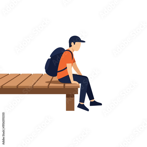 Young man with backpack sitting on wooden pier, waiting, travel, adventure, contemplation
