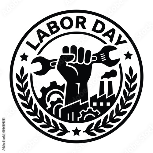 Simple Labor Day badge logo Icon Silhouette vector black design on a white background