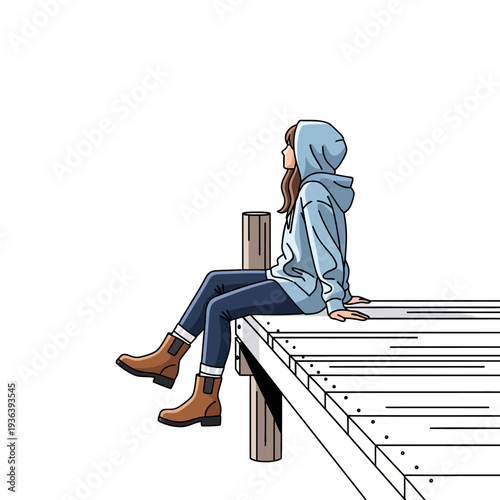 Young woman in hoodie sitting on wooden pier, looking out at water, contemplative mood