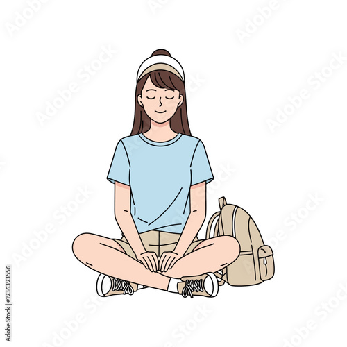 Young woman meditating in lotus pose with backpack, serene, mindful, outdoor activity