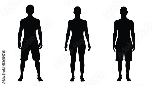 Three black silhouettes of men in different poses