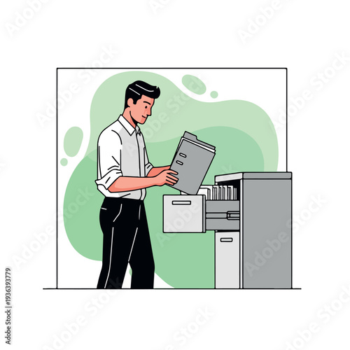 Man organizing documents in a filing cabinet focused on administrative tasks.