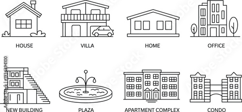 Real Estate and Property Line Icons Set with House, Villa, Office, Apartment Complex and Condo Outline Vector Illustration Isolated on White