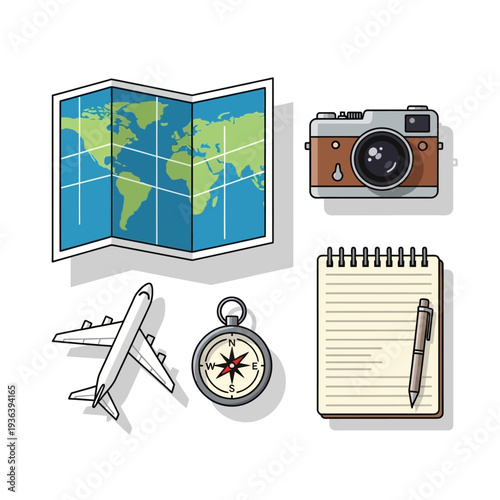 Travel Essentials: Map, Camera, Airplane, Compass, Notebook & Pen for Adventure Planning
