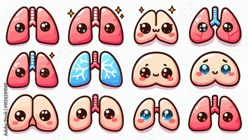 Set of Cute Human Lung Characters and Organ Mascots in Adorable Kawaii Style
