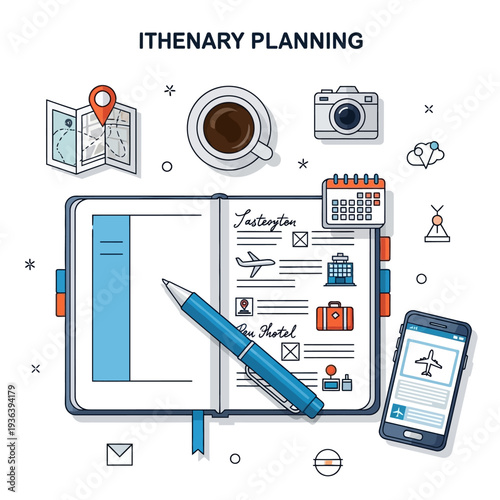 Travel Itinerary Planning: Open Notebook, Map, Camera, Calendar, Smartphone, Coffee