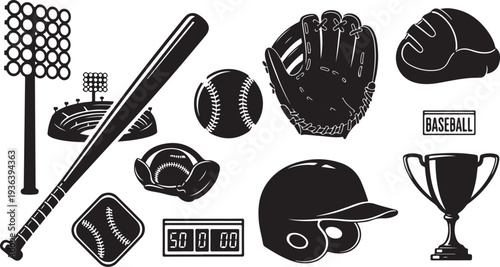 Baseball equipment and accessories on white background illustration set