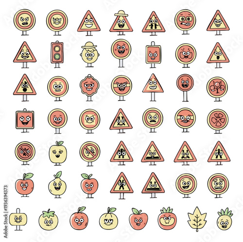 Playful Road Signs Collection: A whimsical assortment of illustrated road signs, each with its own unique character, offering a lighthearted and creative take on traffic symbols.