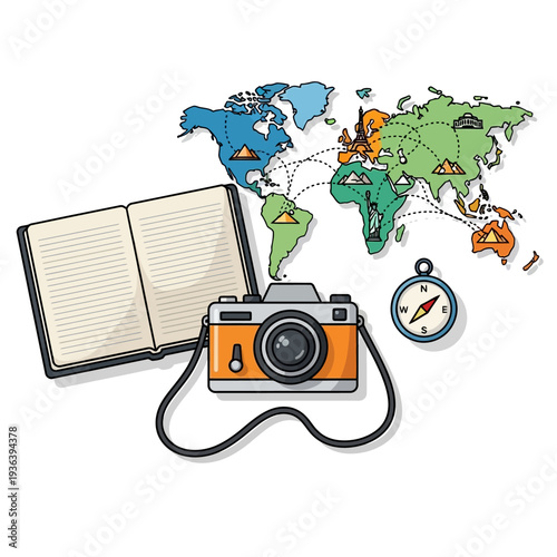 Travel planning concept: Camera, notebook, compass, and world map with travel routes