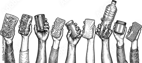 Many raised hands holding various food products in vintage woodcut sketch style