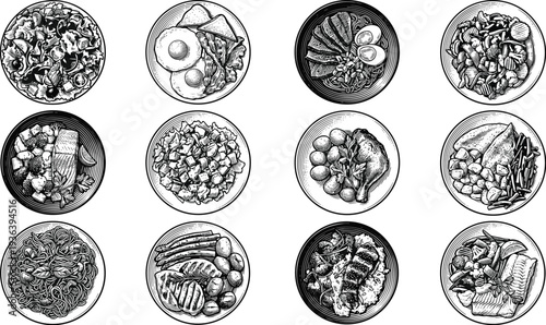 Top view engraved collection of diverse food dishes served on plates