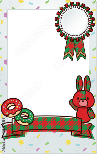 This child-friendly design features adorable Cheki decorations adorned with ribbons. It's decorated with cute animals, pop-style donuts, and a red-and-green checkered rabbit.