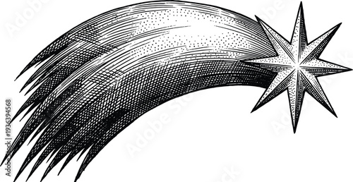 Engraved illustration of a shooting star with a sparkling trail