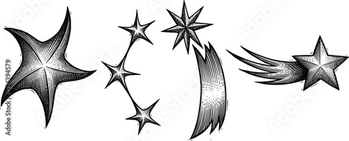 Collection of engraved stars and shooting stars